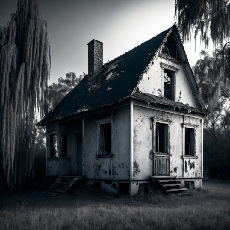 Abandoned house with peeling paint and damaged roof in overgrown setting