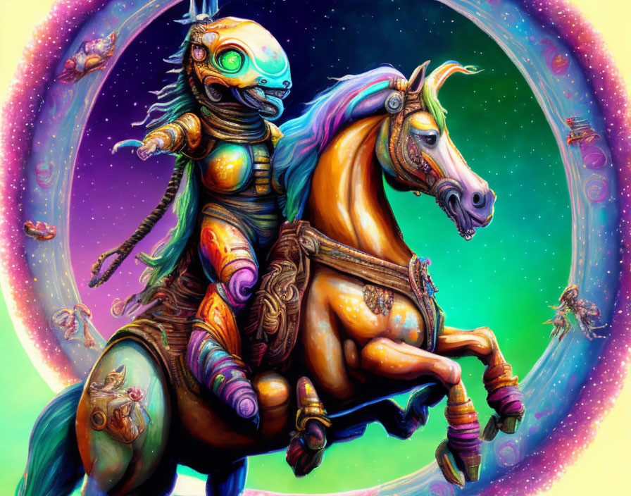 Futuristic knight on horseback in cosmic portal with jellyfish creatures