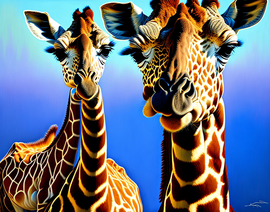 Prominent patterned giraffes on blue background