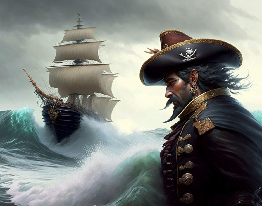 Bearded pirate captain in tricorn hat on stormy seas.