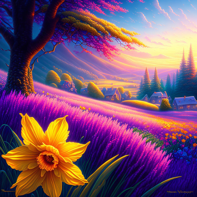 Scenic landscape with purple flower fields, tree, cottages, and colorful sunset sky