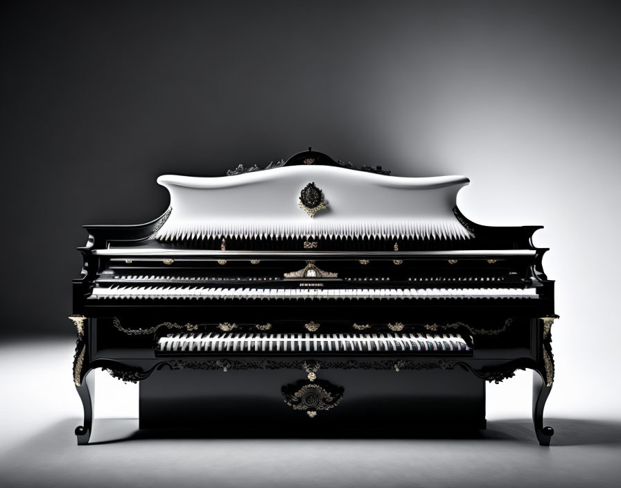 Black grand piano with white and gold details on gray gradient background