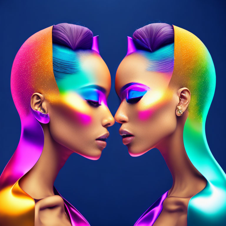 Symmetrical Faces with Rainbow Makeup and Updo Hairstyles on Blue Background