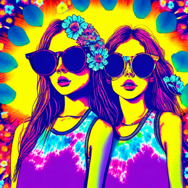 Vibrant tie-dye patterns on two women with large sunglasses and floral headbands