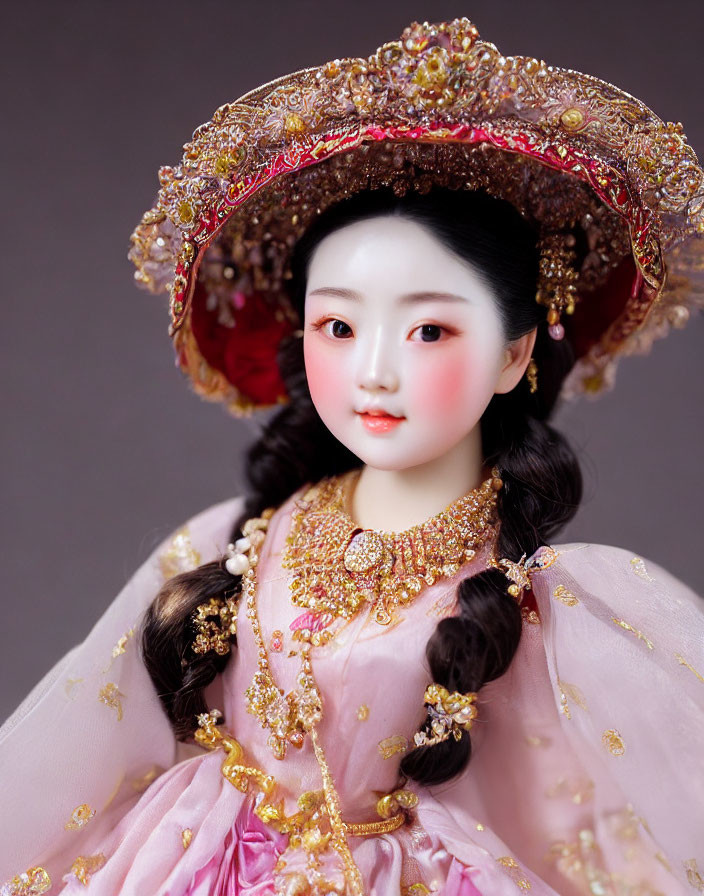 Ornate Asian-inspired doll with intricate headdress and gold jewelry.