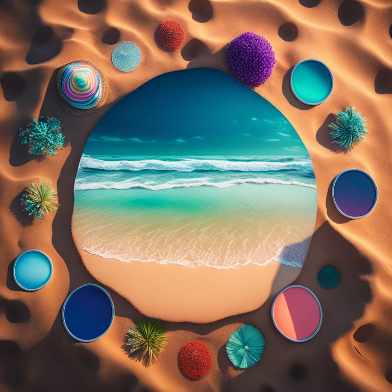 Surreal beach scene with circular sea view and colorful geometric shapes