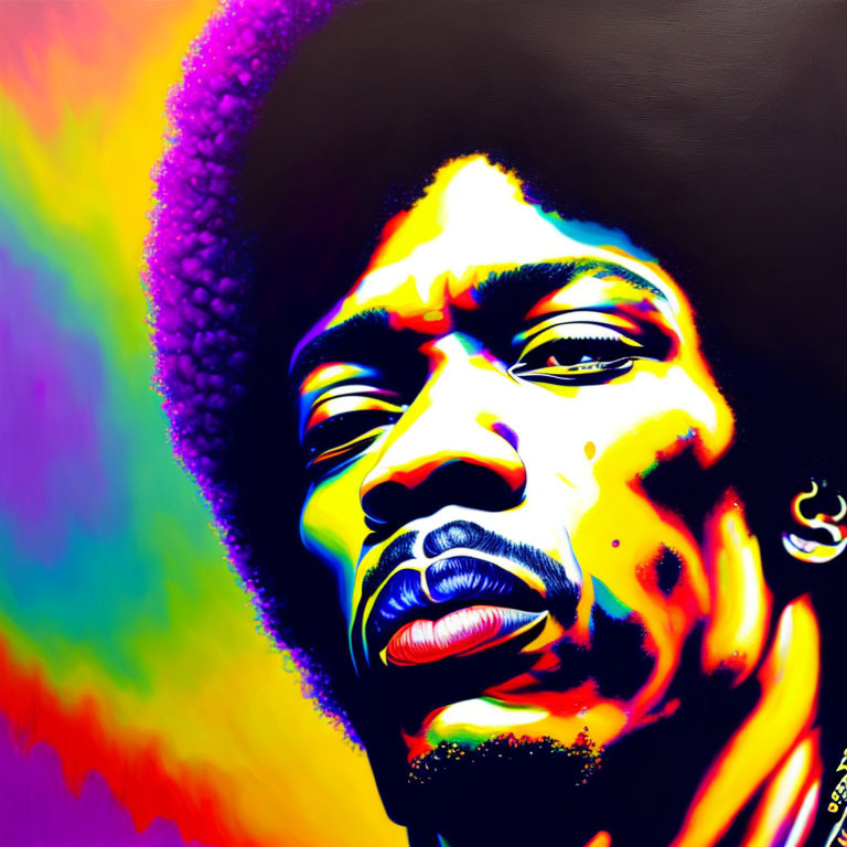 Vibrant neon colors in psychedelic man with afro art