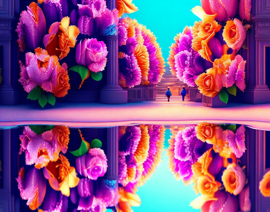 Colorful Flowers and Two Figures Walking in Surreal Landscape