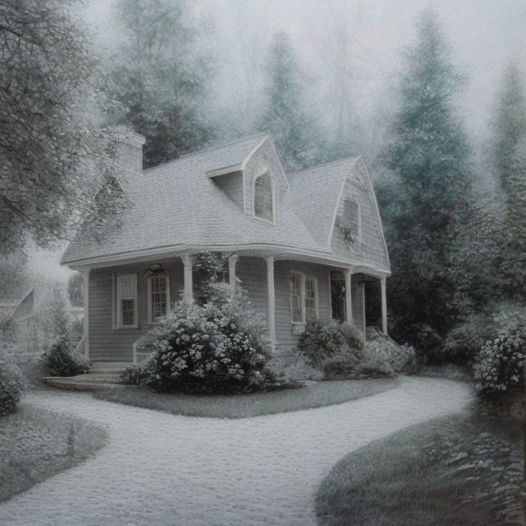 Gray house with cobblestone pathway in misty setting