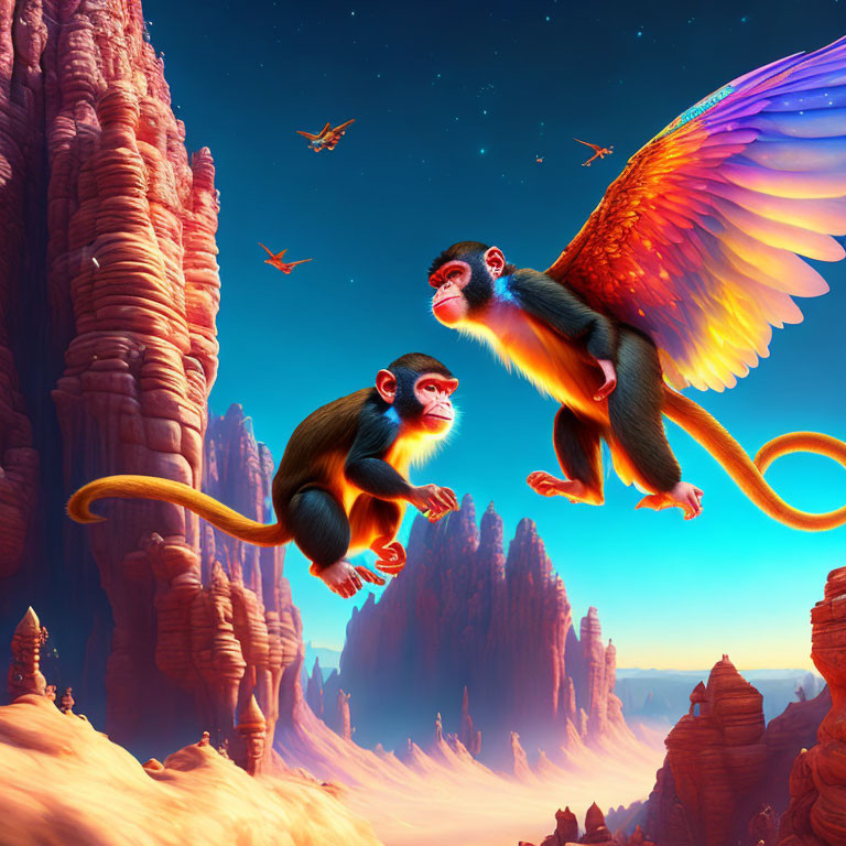 Colorful winged monkeys flying over fantastical landscape at sunset