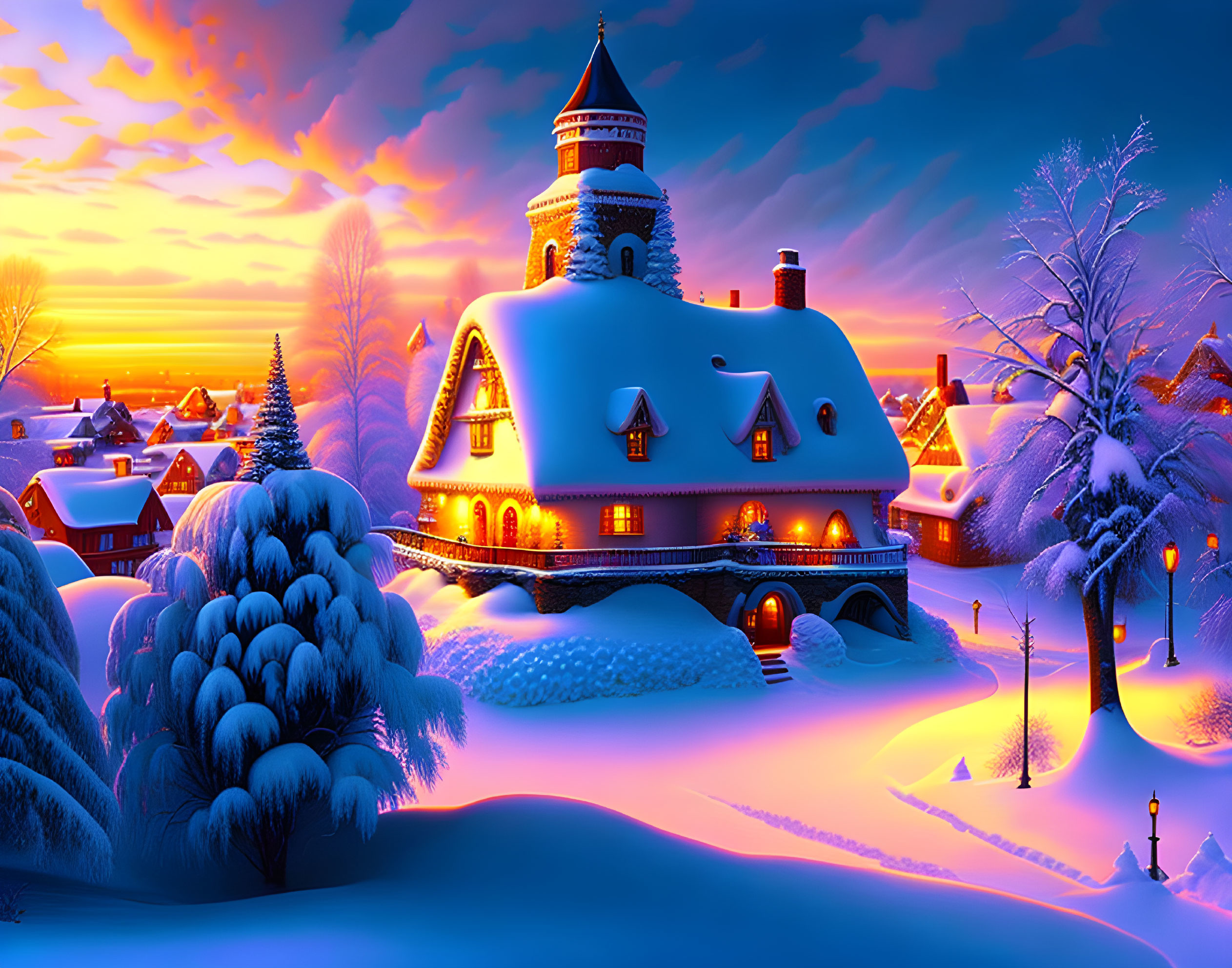 Snow-covered house at dusk in winter landscape