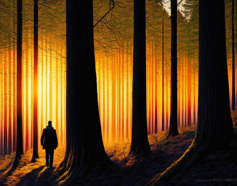 Solitary figure walking in sunset-lit forest with long shadows