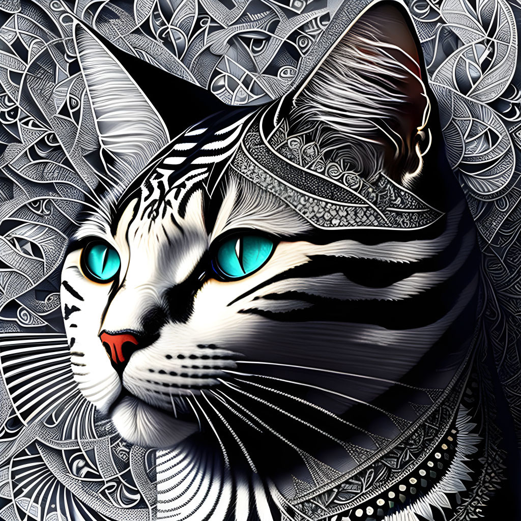 Stylized cat digital artwork with black and white patterns and turquoise eyes