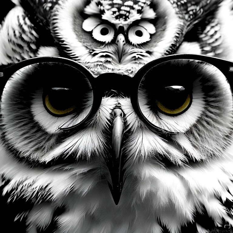 Monochromatic owl with large yellow eyes and round glasses.