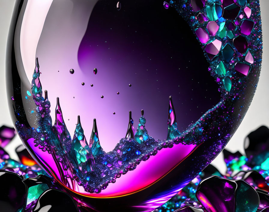 Colorful digital artwork: glossy sphere with crystal structures in liquid environment