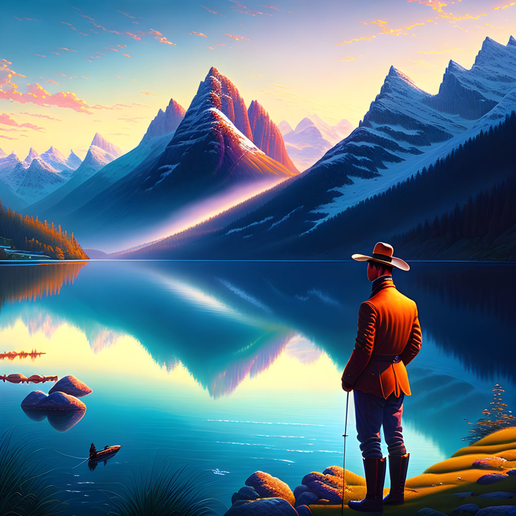 Person in hat by serene lake at sunset with mountain reflection and duck.