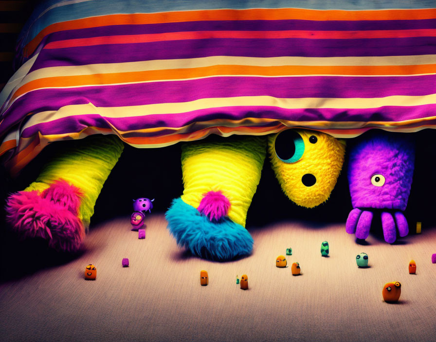 Vibrant stuffed toys and toy blocks under striped bed cover