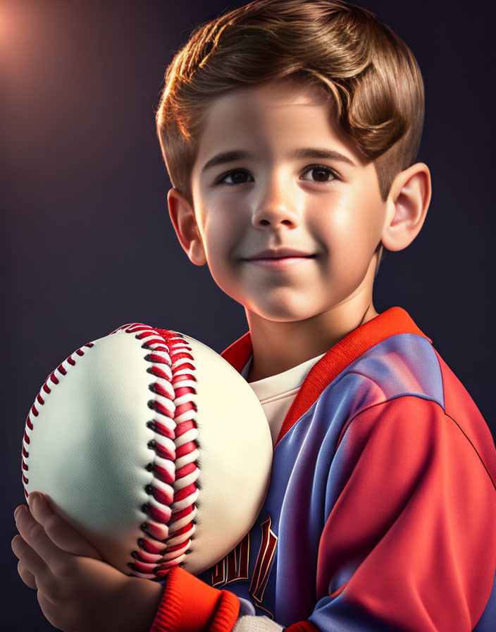 Boy in baseball uniform with large baseball, confident smile on dark background