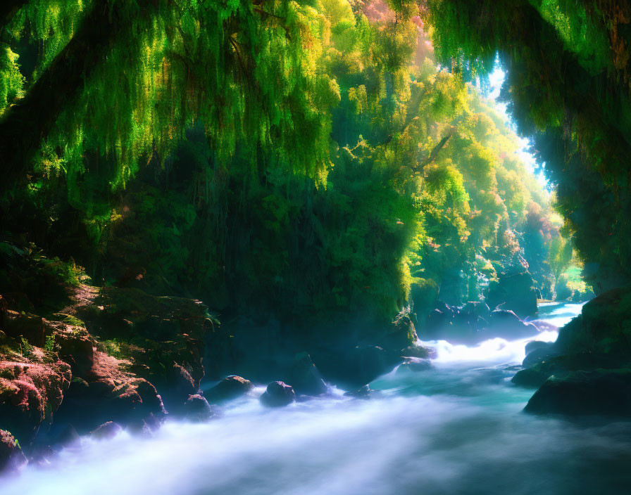 Tranquil river in lush green forest with sunlight filtering through foliage