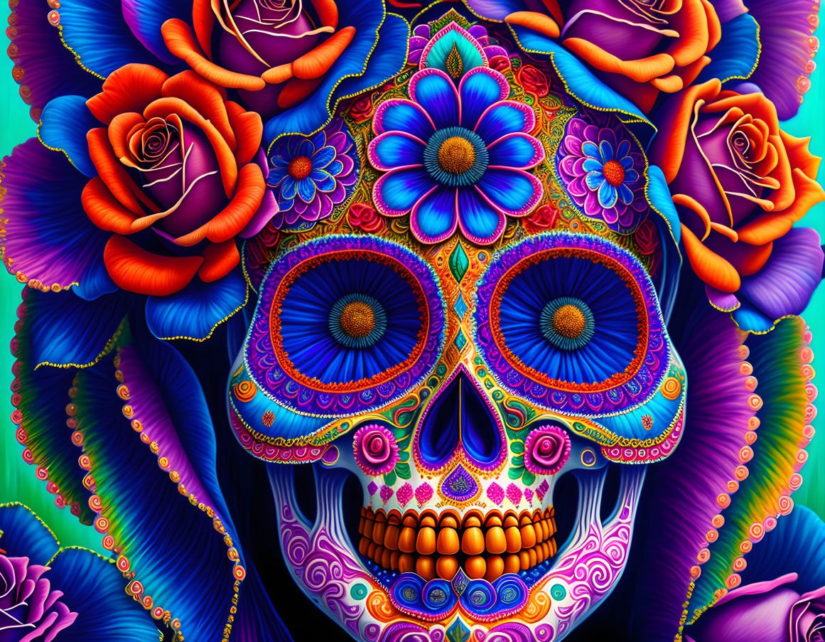 Colorful Dia de los Muertos skull art with intricate patterns and roses