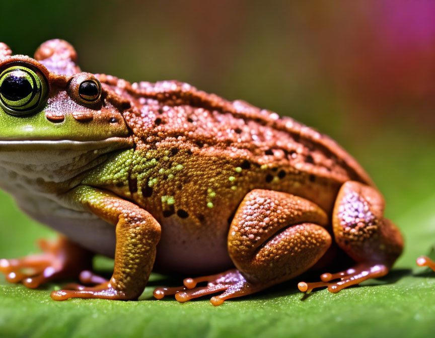 Brown frog with green eyes on vibrant leaf with water droplets