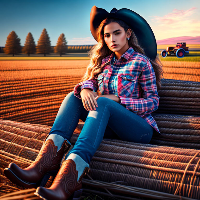 Cowboy hat woman on plowed field at sunset with tractor