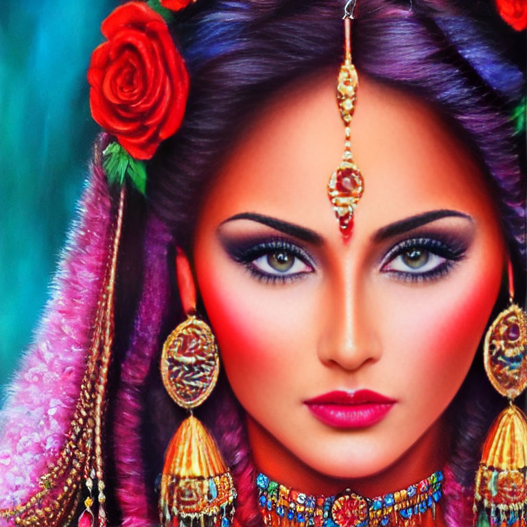 Colorful portrait of woman with traditional Indian makeup and jewelry