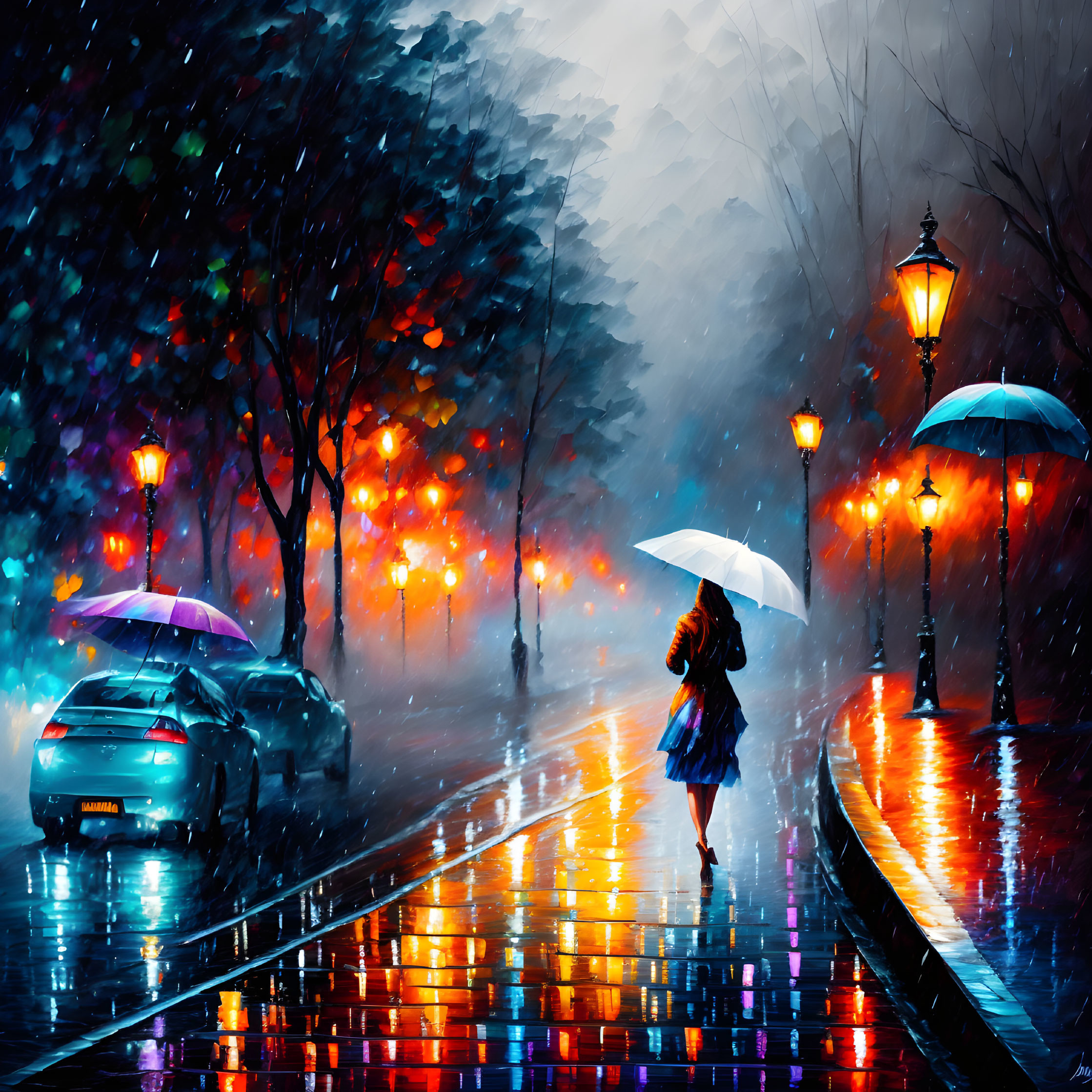 Vibrant painting of person with umbrella on rain-soaked street