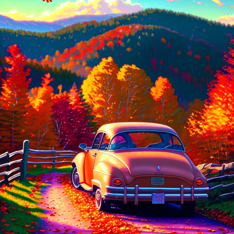 Classic car in autumn countryside with vibrant foliage and sunny backdrop