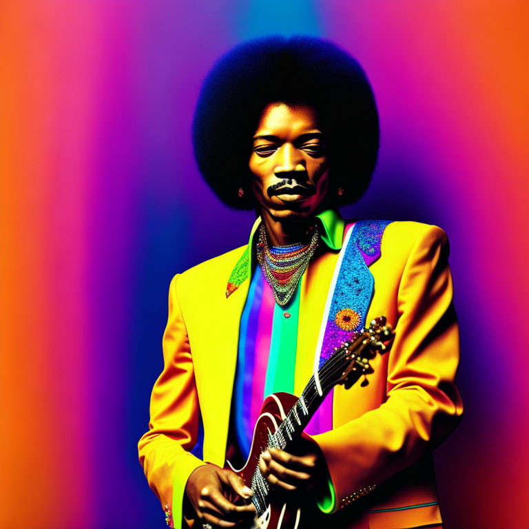 Stylish individual with afro holding guitar in vibrant yellow suit