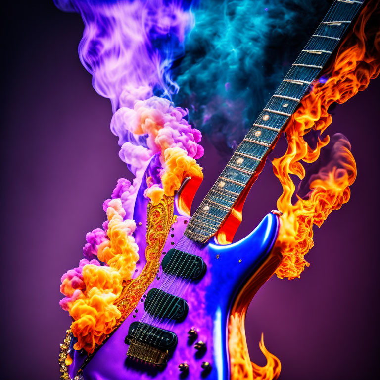 Vibrant orange flames on electric guitar with blue-purple smoke