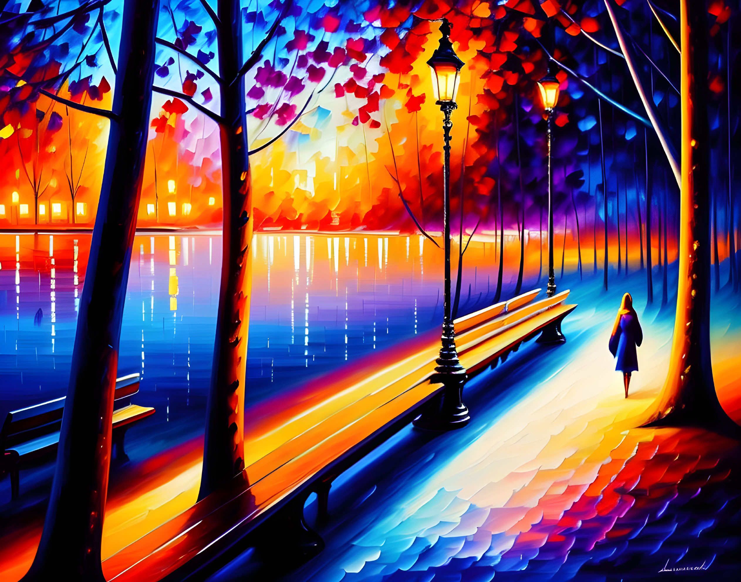 Colorful Painting of Person Walking Along Tree-Lined Path at Twilight