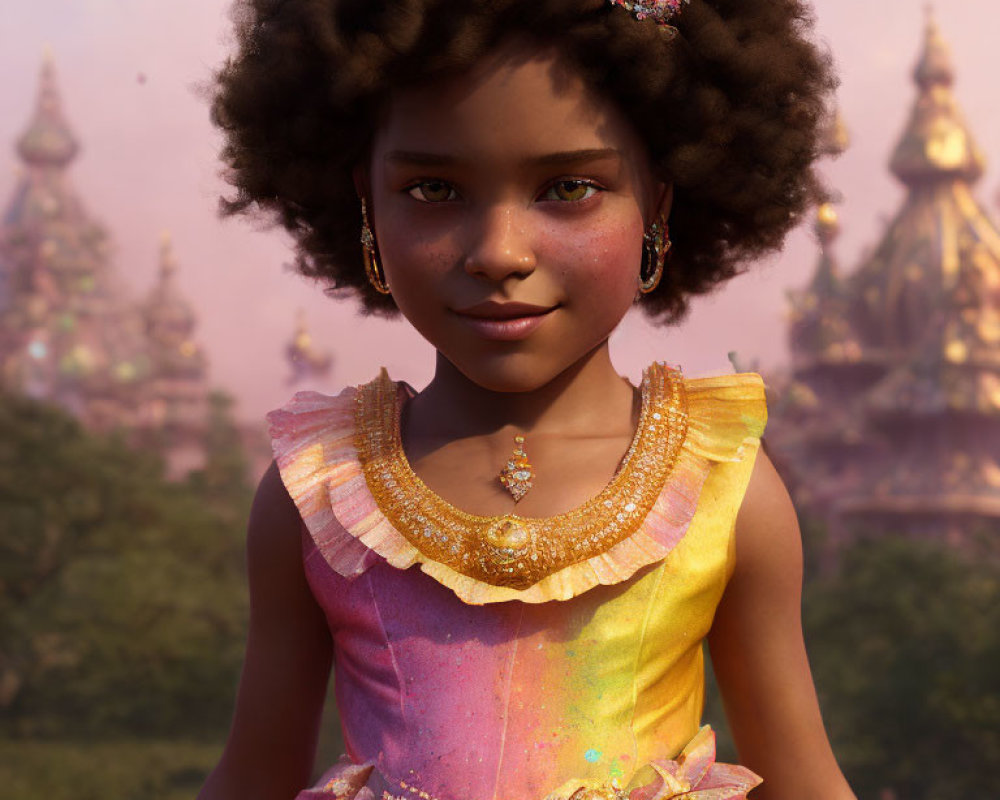 Young girl in curly afro and gem-adorned dress smiling in front of ornate buildings