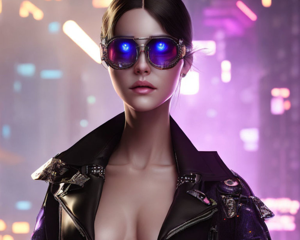 Futuristic woman in sunglasses and leather jacket against neon cityscape