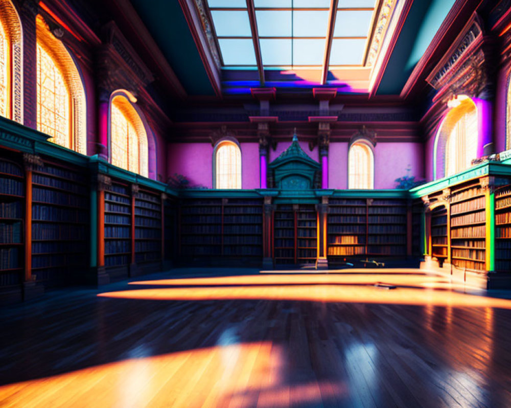 Classic Library with Book-Filled Shelves and Stained Glass Windows