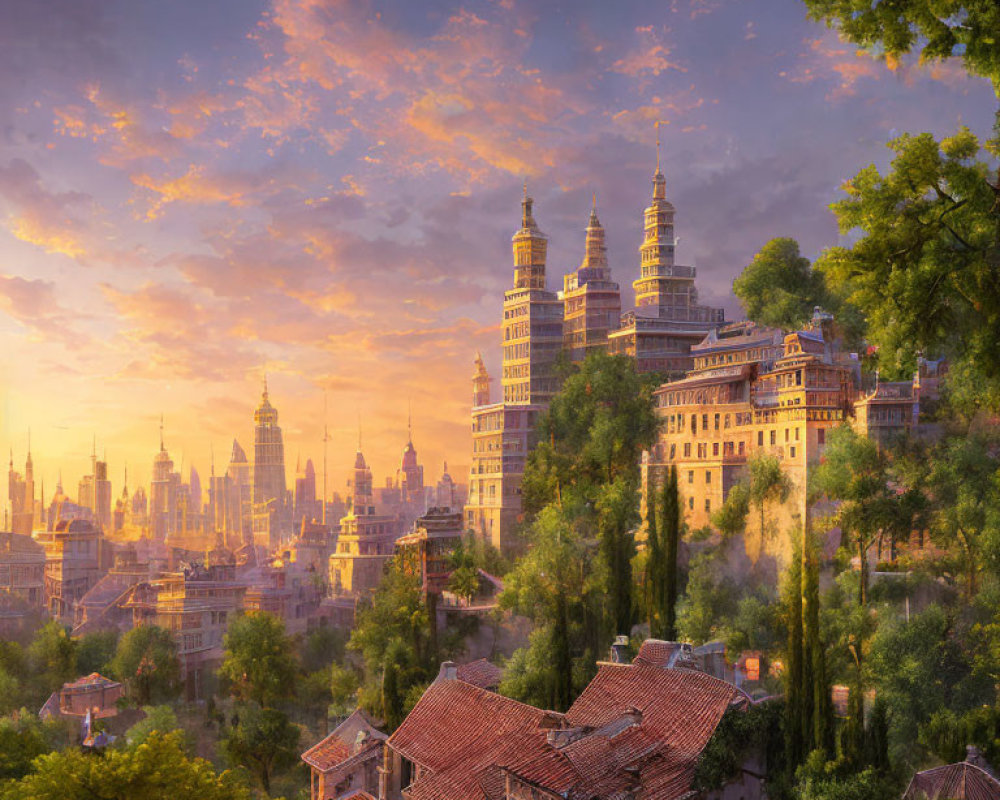 Golden sunset illuminates ornate city towers in dreamy cityscape