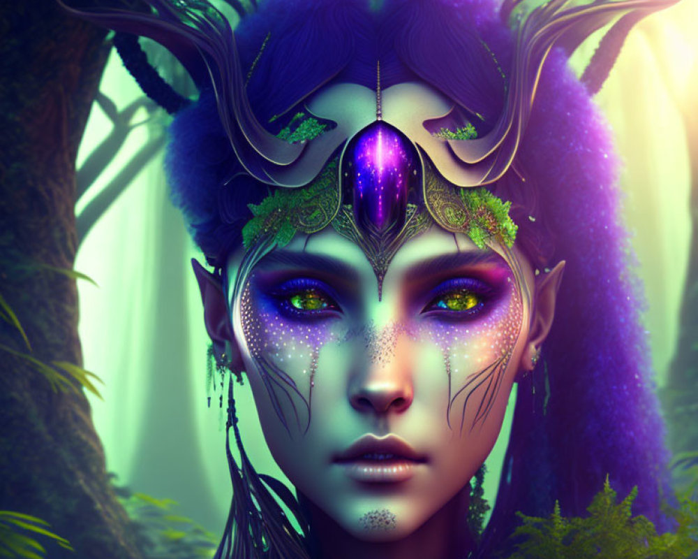 Mystical female figure with violet eyes in enchanted forest wearing elaborate headdress