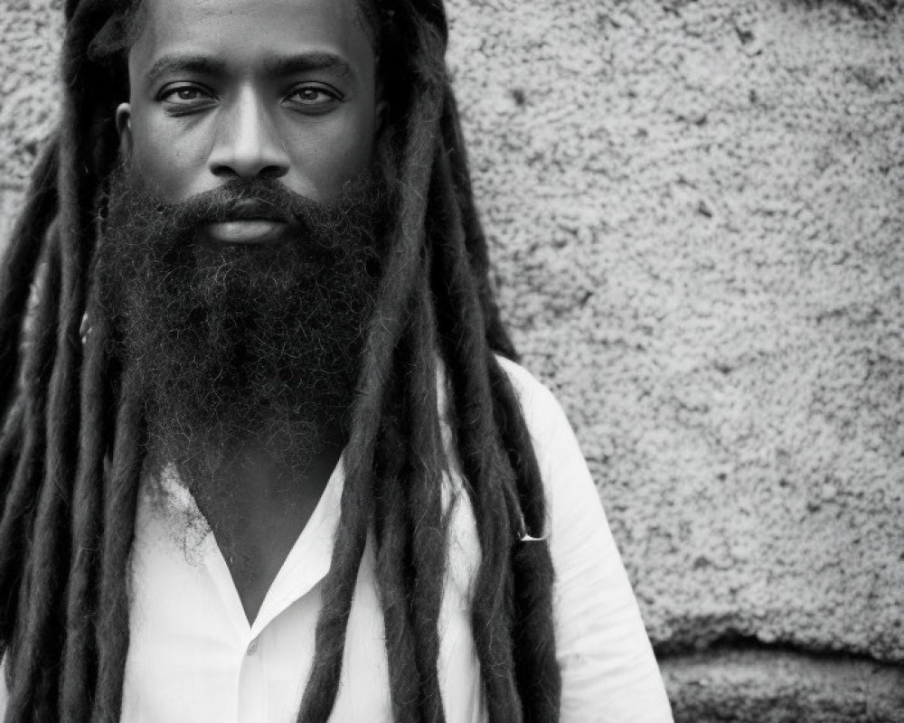 Man with long dreadlocks and beard in white shirt against textured wall