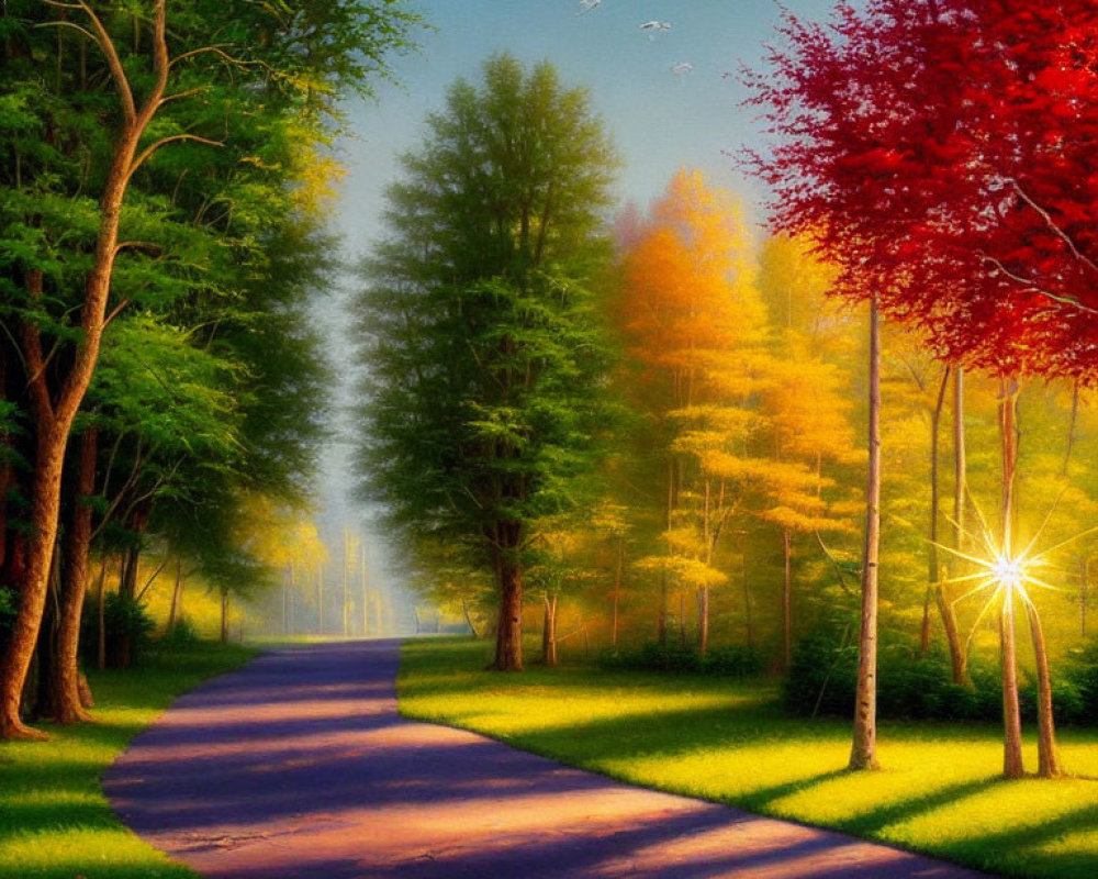 Colorful Sunlit Forest Path with Diverse Trees and Birds