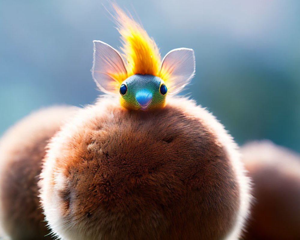 Chubby brown creature with blue eyes on mossy surface