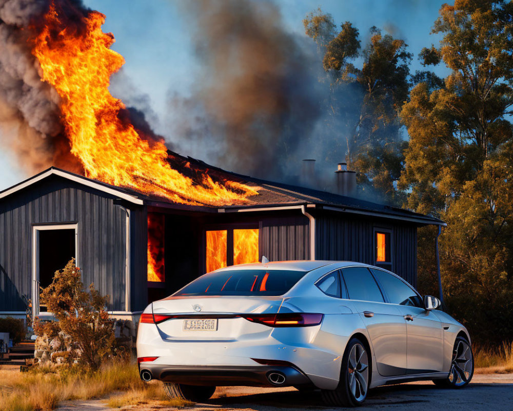 Sedan parked in front of burning house with billowing smoke