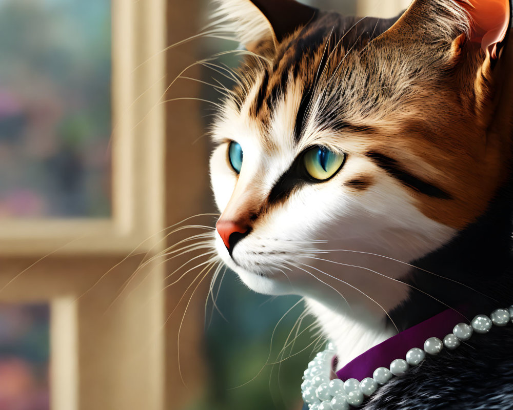 Domestic Cat with Green Eyes and Pearl Necklace Looking out Window