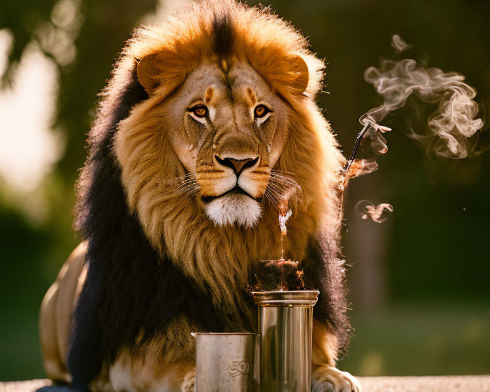 Lion making coffee with metal press in serene outdoor scene