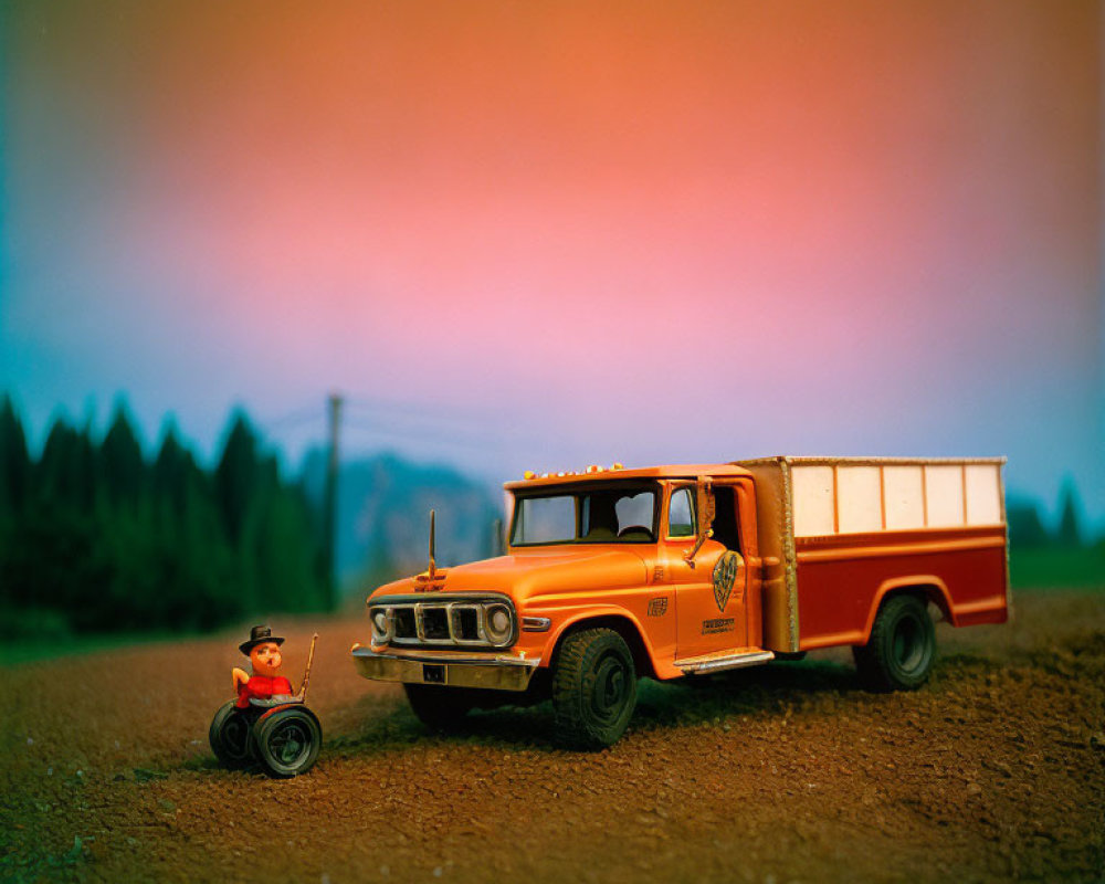 Toy firetruck and figure on tricycle against sunset backdrop