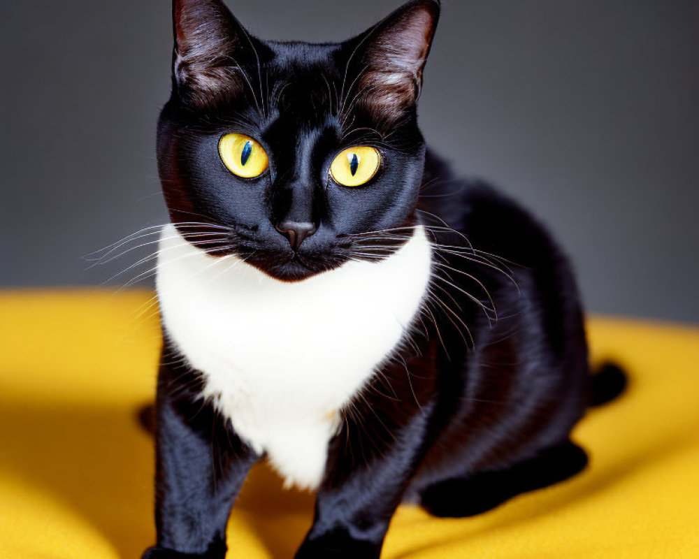 Black and White Cat with Striking Yellow Eyes on Yellow Surface