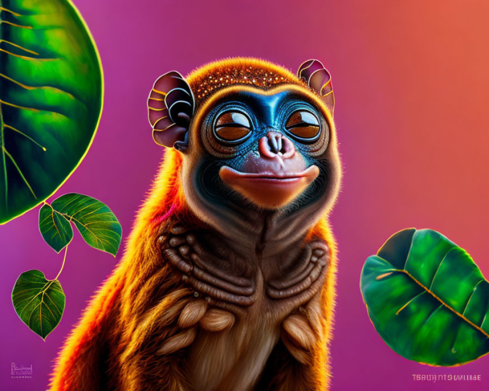 Whimsical anthropomorphic monkey creature in vibrant digital art