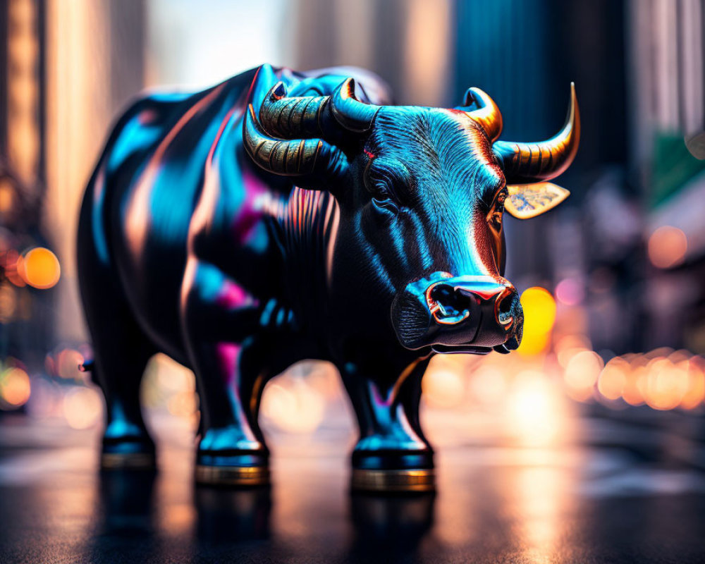 Charging Bull statue close-up with city street background