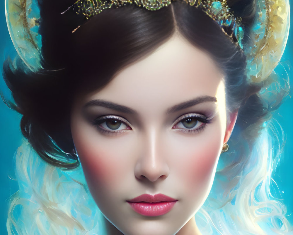 Elegant makeup and jeweled crown on woman in digital portrait