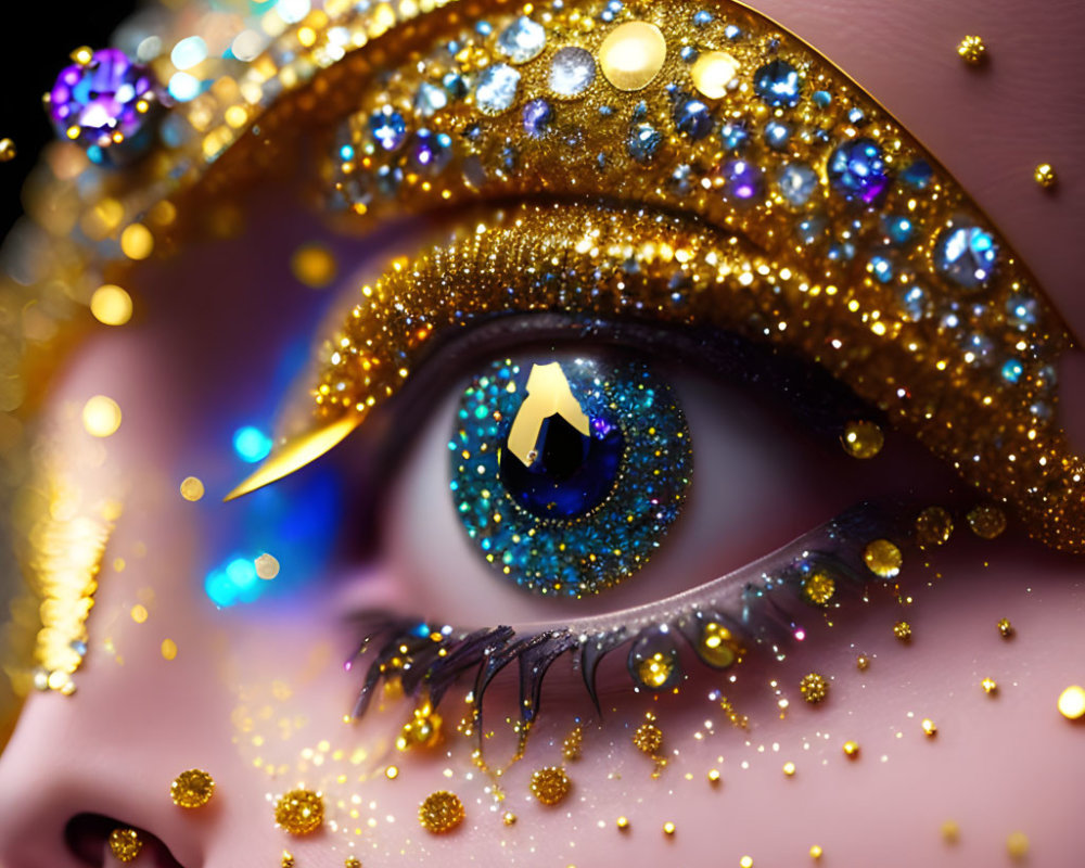 Glittering jeweled makeup design with blue contact lens and golden sparkles