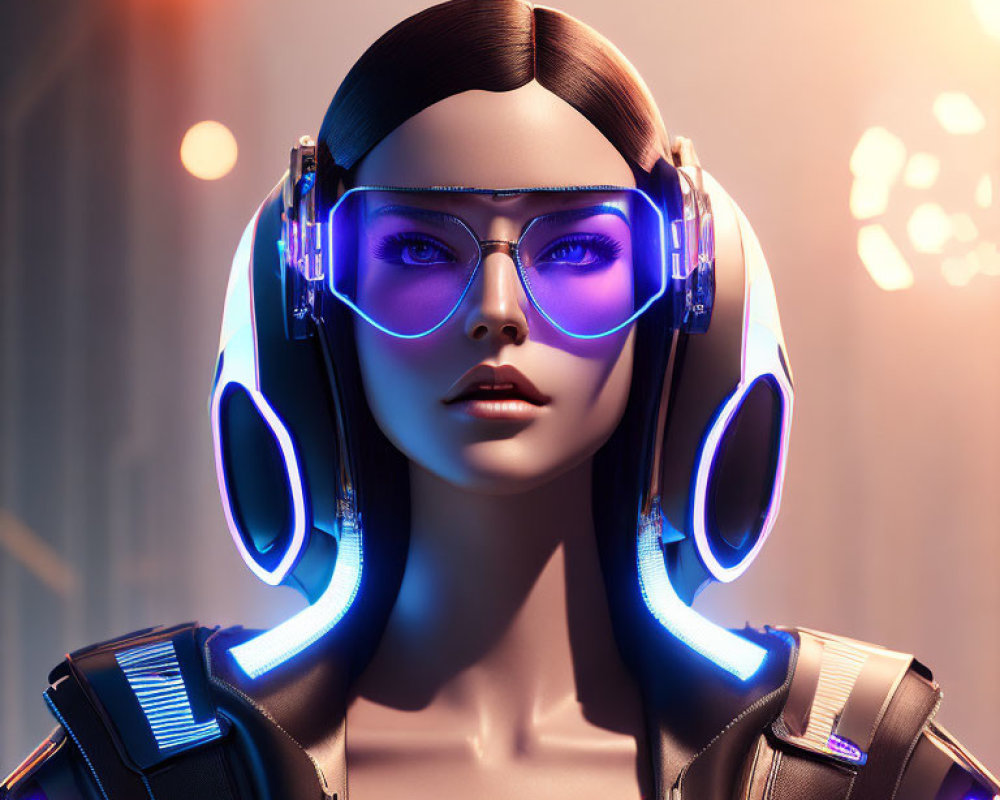 Futuristic woman with sleek hair, reflective sunglasses, and neon-lit headphones in warm ambiance